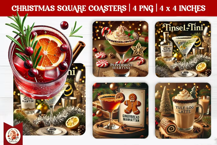 Christmas Cocktails Coaster, Square Coaster