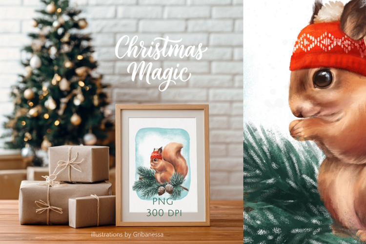 Hand-Drawn Christmas Squirrel Rectangular PNG Illustration