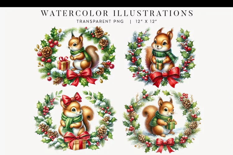 Christmas Squirrels Watercolor Clipart