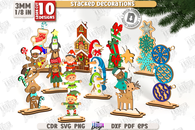 Christmas Stacked Decorations Laser Cut Bundle, Home Decor