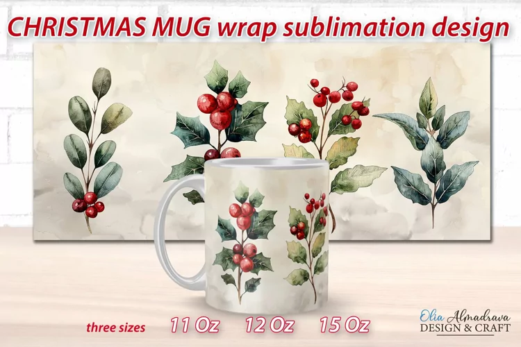 Christmas Sublimation Mug Template| Mug Wrap PNG Watercolor