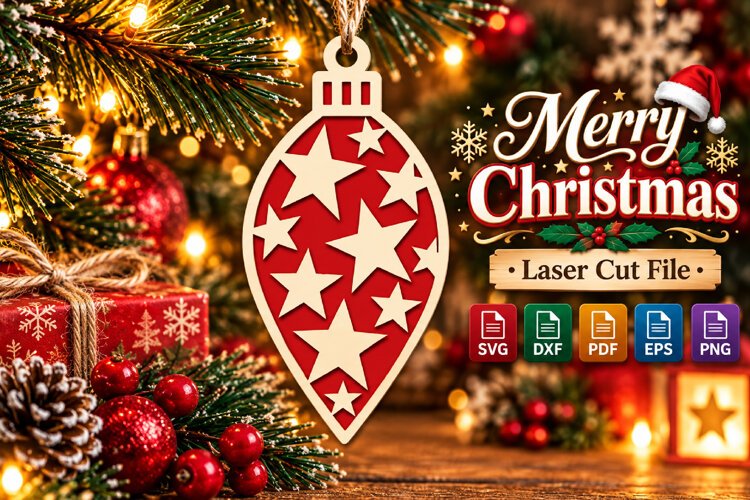 Christmas Stars Ornament SVG, Red Laser Cut Bauble Design example image 1