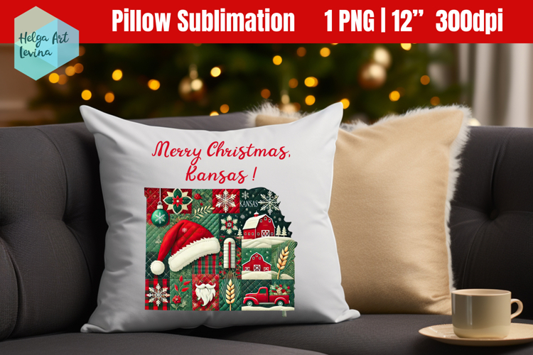 Christmas State Patchwork Sublimation, Pillow Kansas