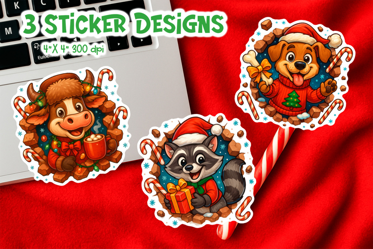 3D Funny Christmas Breakthrough Sticker | Cow Raccoon Dog