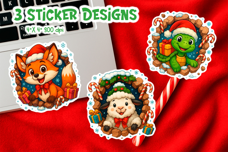 3D Funny Christmas Breakthrough Sticker | Fox Turtle Sheep