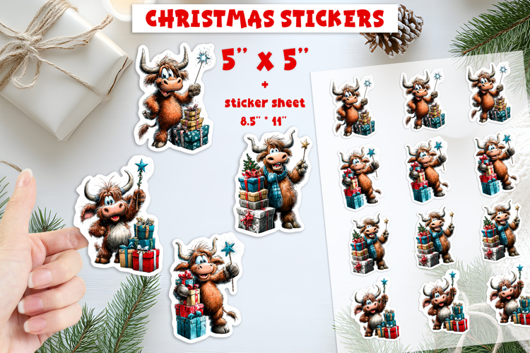 Christmas stickers, Cute animal Highland cow print and cut