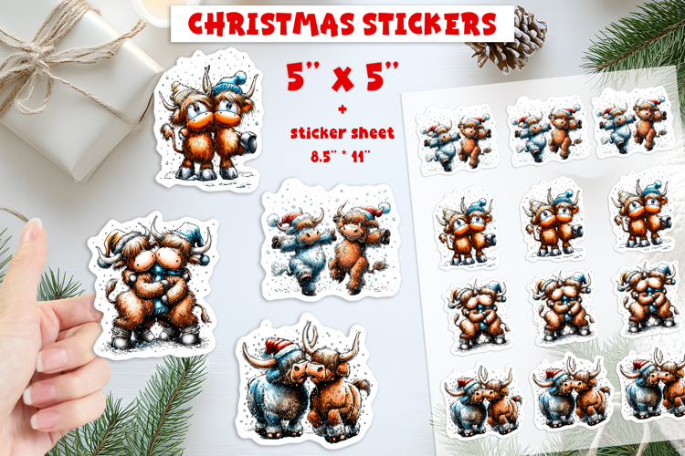 Christmas stickers, Highland cow, best friends print and cut