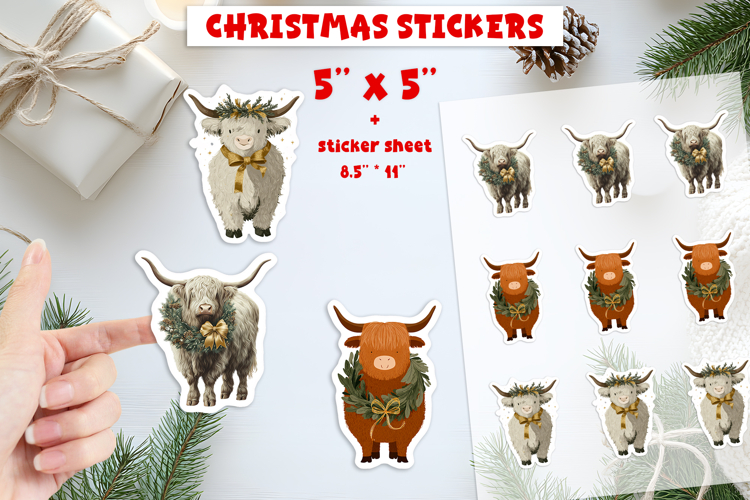 Christmas stickers, Highland cow, wreath print and cut PNG