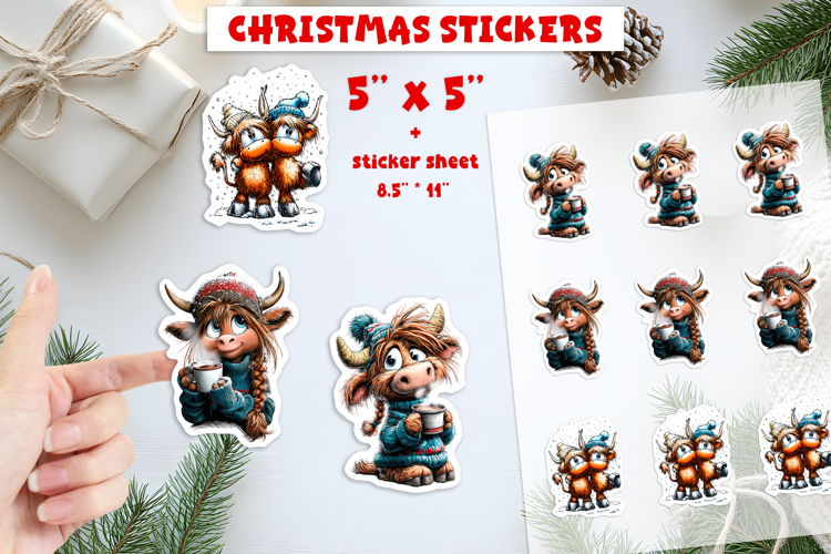 Christmas animal stickers, Highland cow girl print and cut