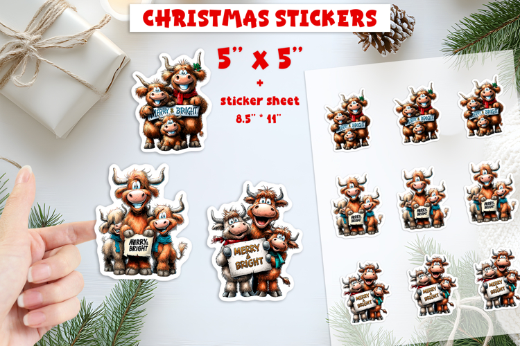 Christmas animal stickers, Highland cow family print and cut