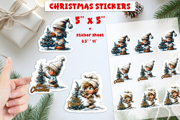 Christmas stickers, cute kid gnomes print and cut PNG