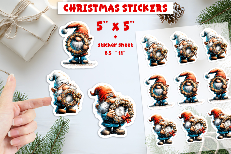 Christmas stickers, Holiday gnome wreath print and cut PNG