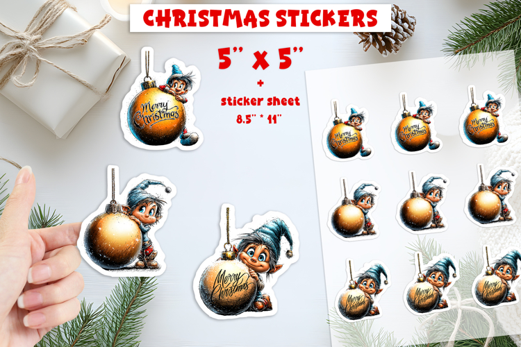 Christmas stickers, cute baby gnome with ball print and cut