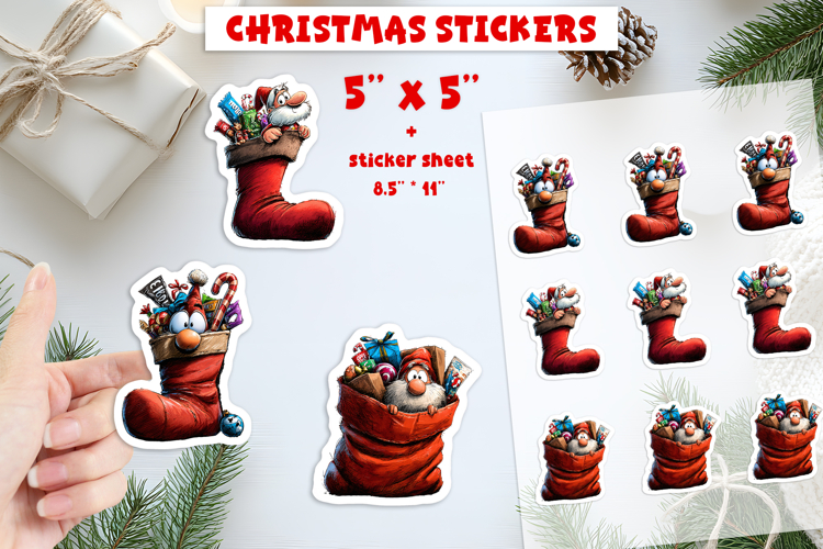 Christmas stickers, cute gnome Santa sack print and cut PNG