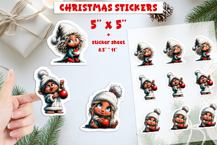 Christmas stickers, cute baby gnome girl print and cut PNG