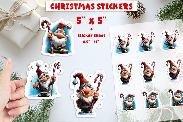 Christmas stickers, cute gnome with Candy cane print and cut