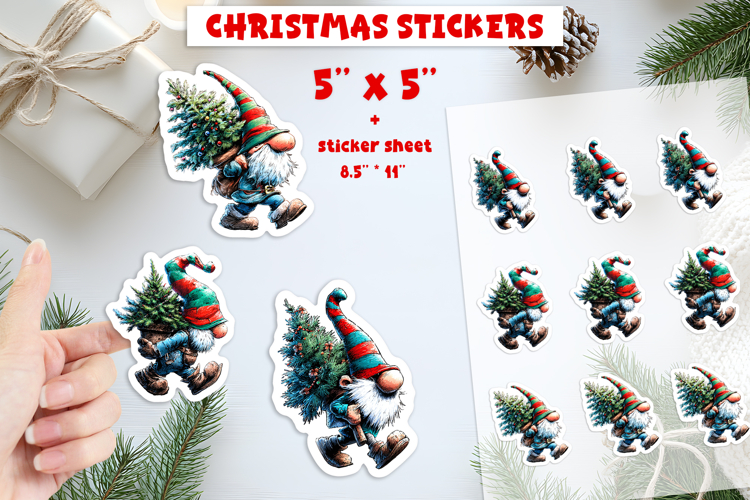 Christmas stickers printable, cute gnome Christmas tree PNG