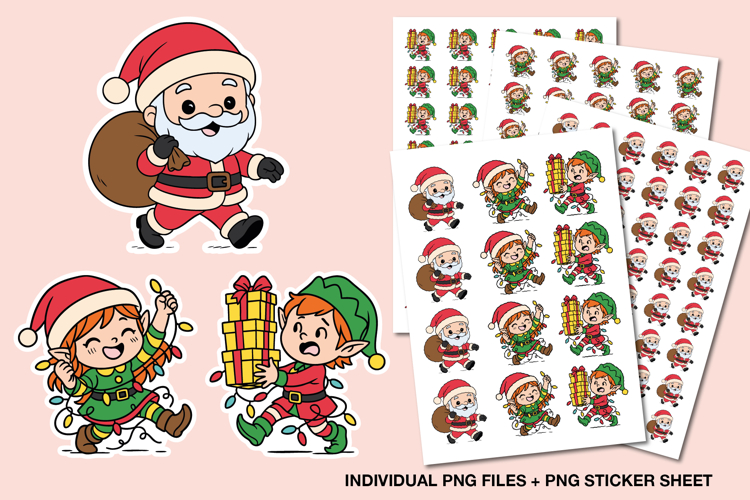 Christmas Stickers Png, Cute Santa and Elves Clipart