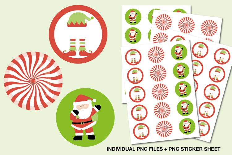 Christmas Round Stickers, Santa and Elf Printable PNG