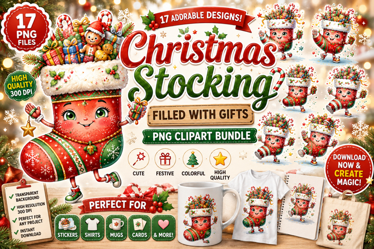 Christmas Stocking Filled with Gifts PNG Clipart Bundle example image 1