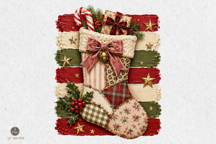 Christmas Stocking Png,Patchwork Holiday Bow and Gift Design