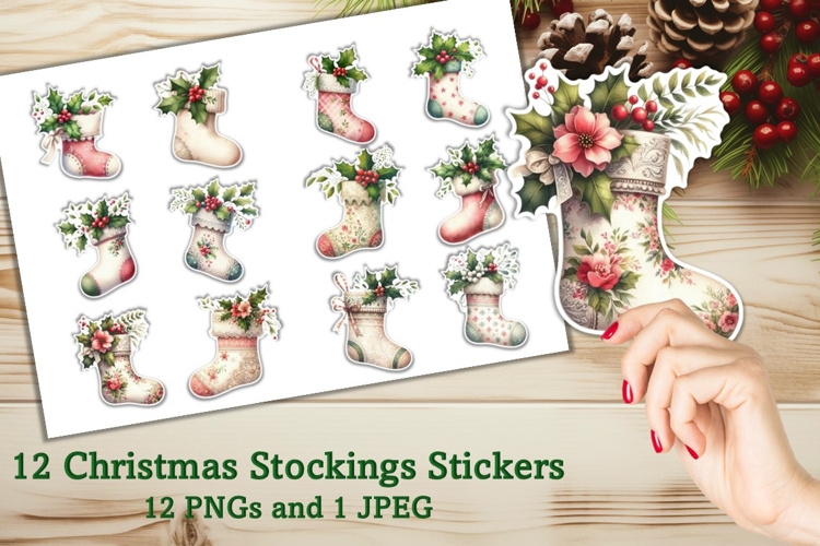 12 Christmas Stocking Stickers JPEG and PNGs