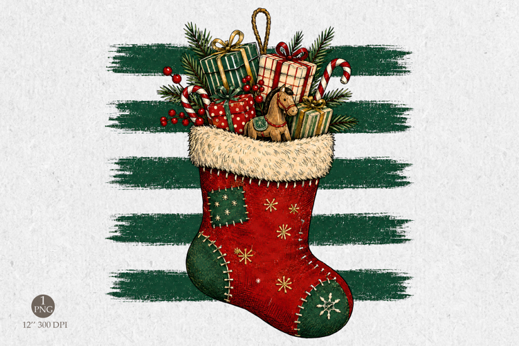 Christmas Stocking with Gifts PNG, Vintage Green Stripes PNG