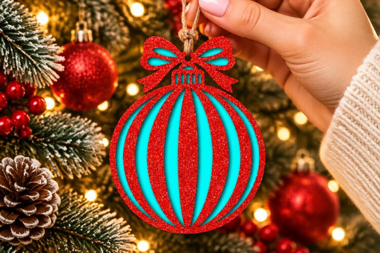 Christmas Striped Ornament SVG, Laser Cut Bow Bauble example image 1