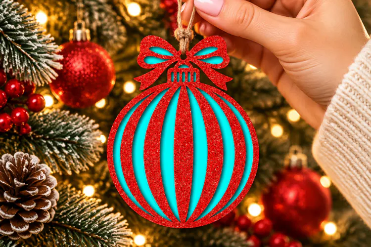 Christmas Striped Ornament SVG, Laser Cut Bow Bauble