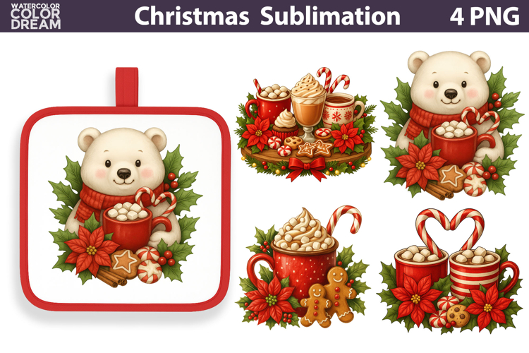 Christmas Bear Cocoa Clipart | Holiday Mug Sublimation