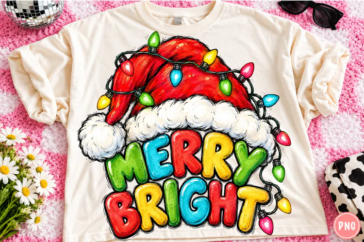 Merry Bright Christmas PNG | Colorful Santa Hat & Christmas