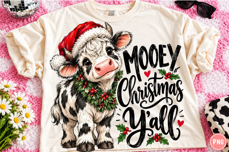 Mooey Christmas Y’all PNG | Funny Christmas Cow Santa Hat