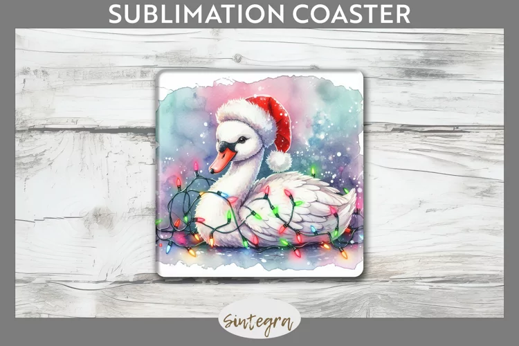 Christmas Swan v1 Entangled in Lights Square Coaster Sublima