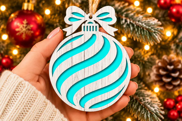 Christmas Swirl Ornament SVG, Laser Cut Bow Bauble