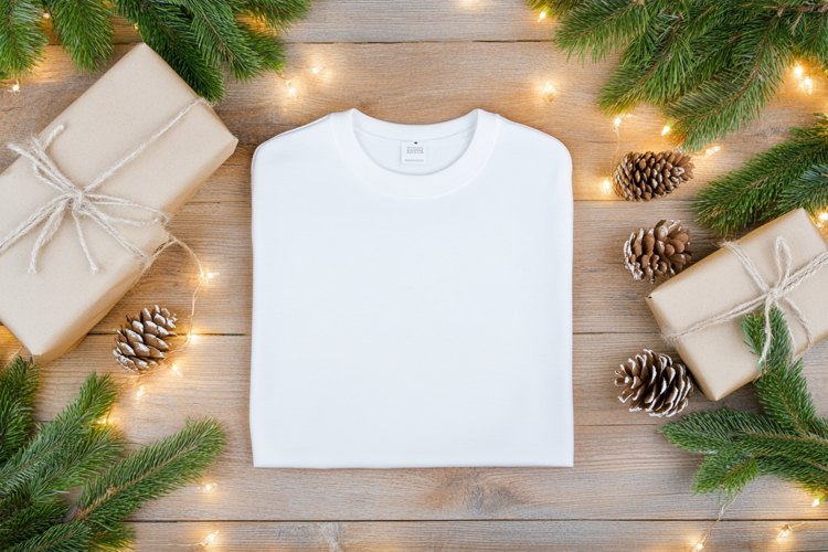 Christmas Flat Lay Mockup with White T-Shirt Mockup