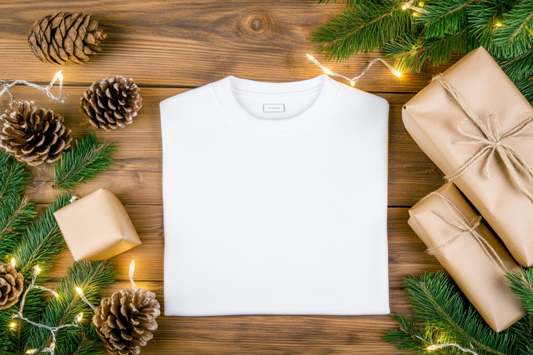 Christmas Flat Lay Mockup with White T-Shirt Mockup