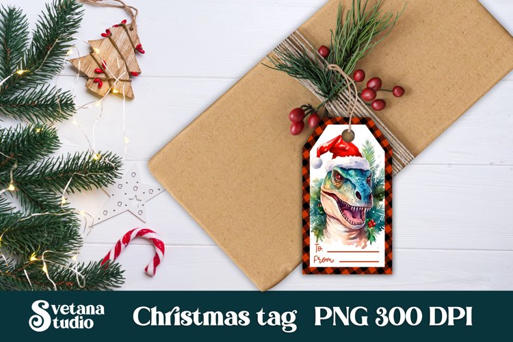 Christmas gift tags printable PNG | Dinosaur gift tag PNG