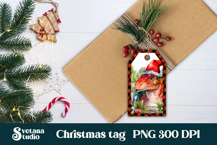 Christmas gift tags printable | Dinosaur gift tag PNG