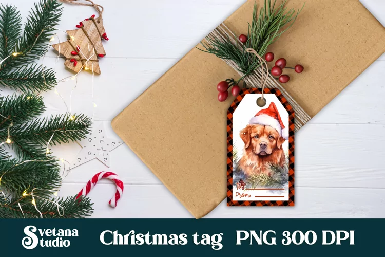 Christmas gift tags PNG | Christmas dog red hat gift tag