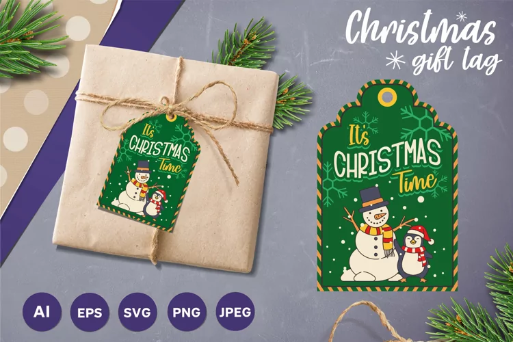 It's Christmas Time, Cute Snowman & Penguin Gift Tag Design
