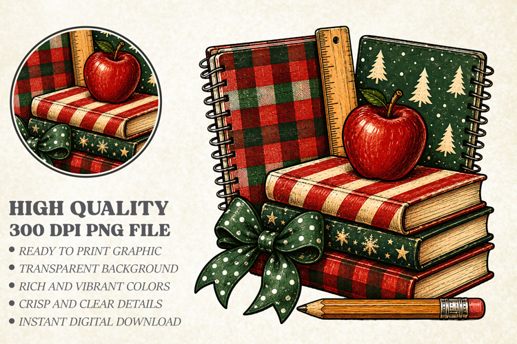 Christmas Teacher PNG, Plaid School Books Sublimation Shirt