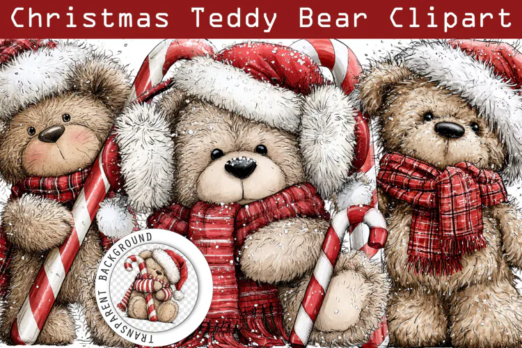 Christmas Teddy Bear Clipart PNG | Cute Whimsical Santa