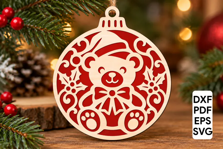 Christmas Teddy Bear Ornament Laser Cut SVG