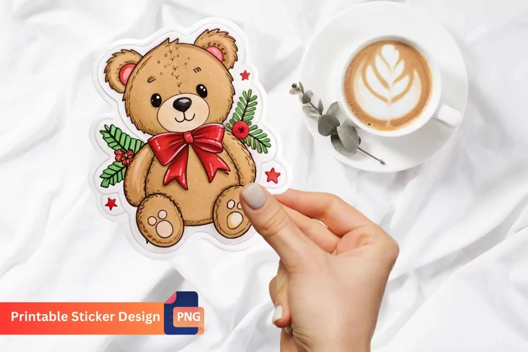 Christmas Teddy Bear Sticker, Winter Teddy Bear Sticker