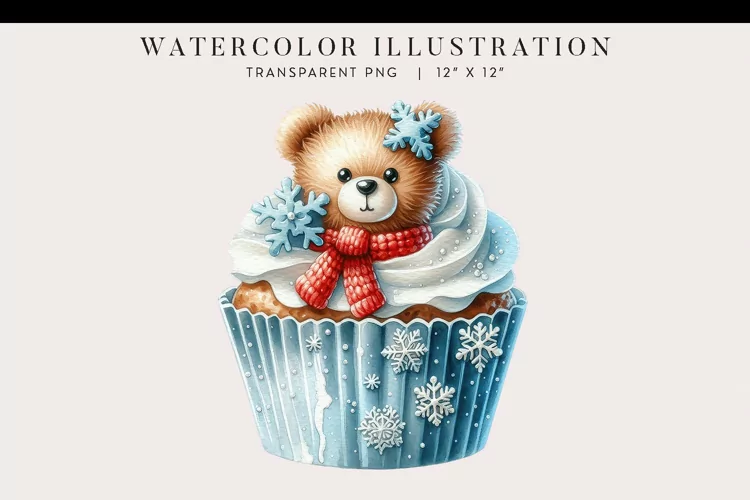 Christmas Teddy Watercolor Cupcake Clipart