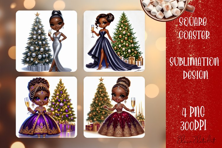 Christmas tree and girl Square Coaster Sublimation Design