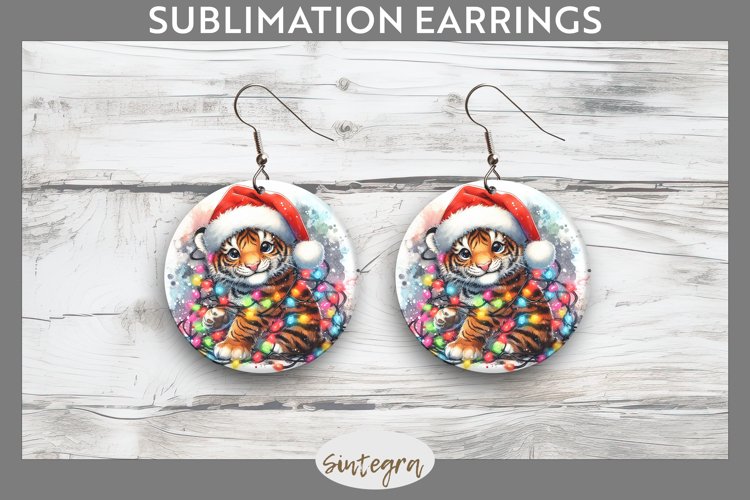 Christmas Tiger v4 Entangled in Lights Round Earrings Sublim