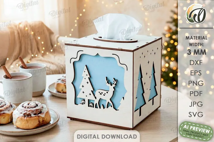 Christmas Tissue Box Cover Laser Cut. Holiday Napkin Box SVG