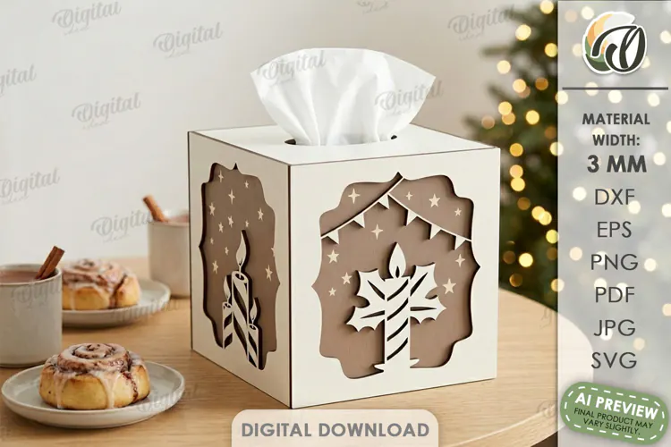 Christmas Tissue Box Cover Laser Cut. Holiday Napkin Box SVG