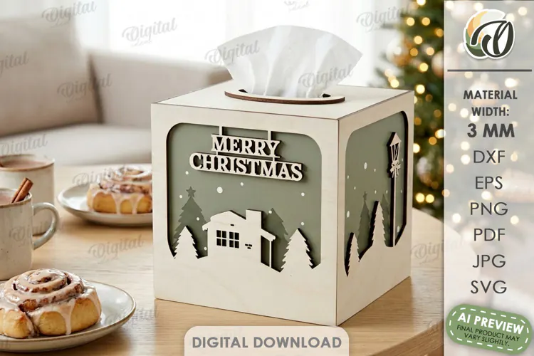 Christmas Tissue Box Cover Laser Cut. Holiday Napkin Box SVG